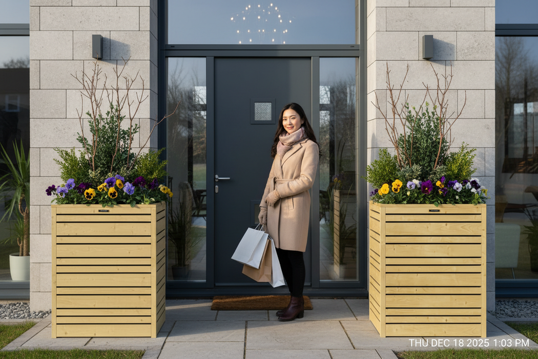 Aziatische vrouw bij voordeur met bloembakken 18 dec 13:03