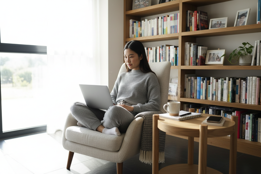 Aziatische vrouw werkt in leeshoek bij raam 12:33