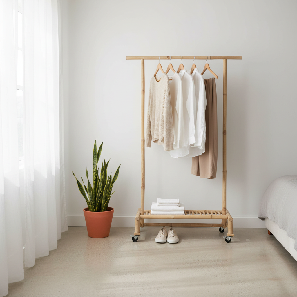 Bamboe kledingrek in minimalistische slaapkamer