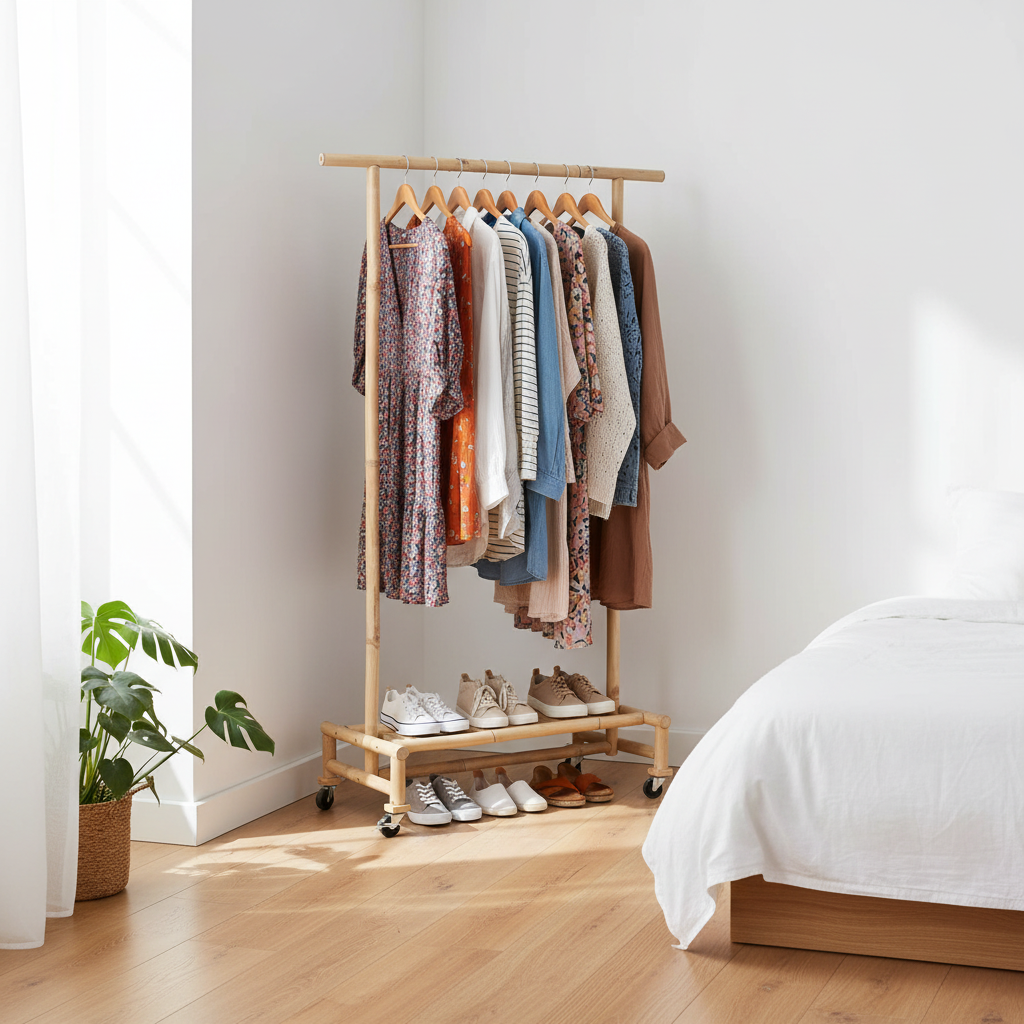 Bamboe kledingrek in Scandinavische slaapkamer