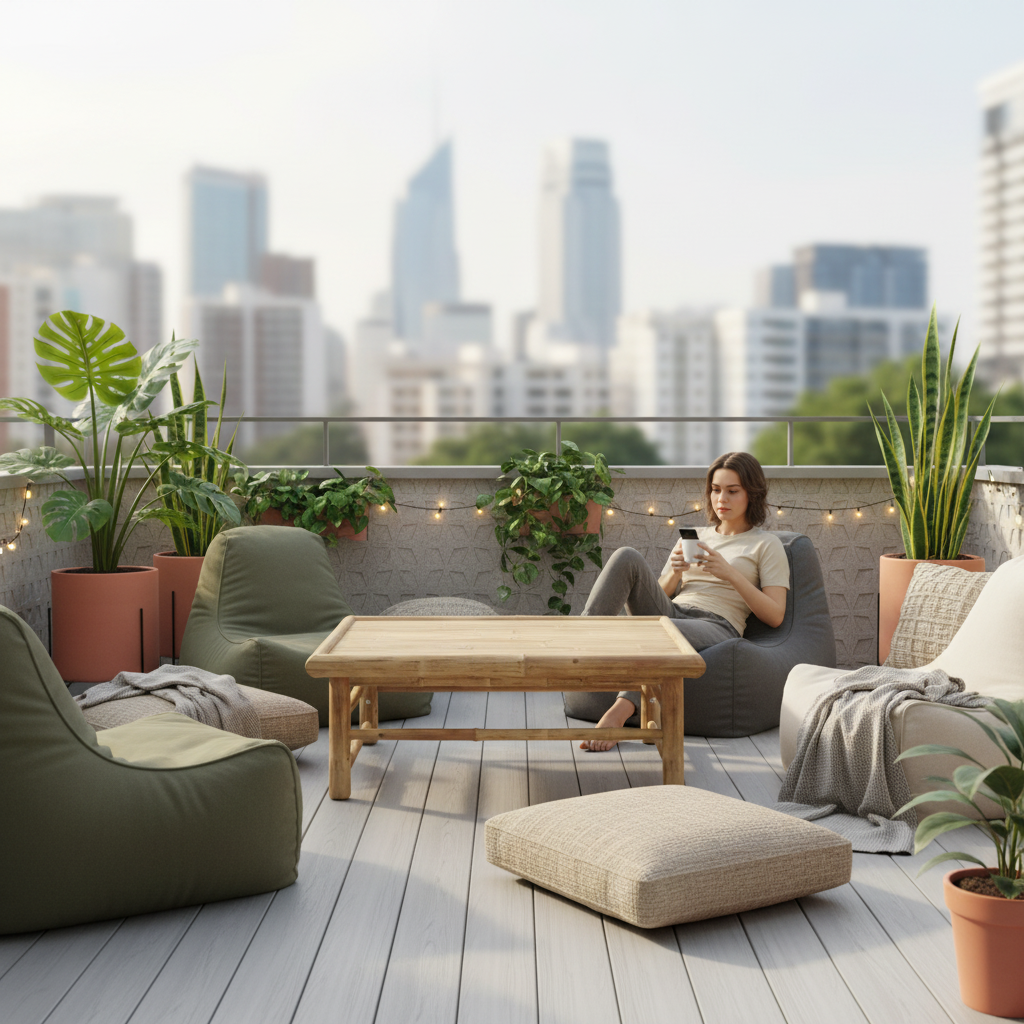 Bamboe tafel op balkon met beanbag