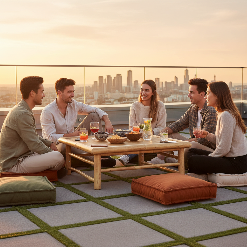 Bamboe tafel op rooftop met vrienden