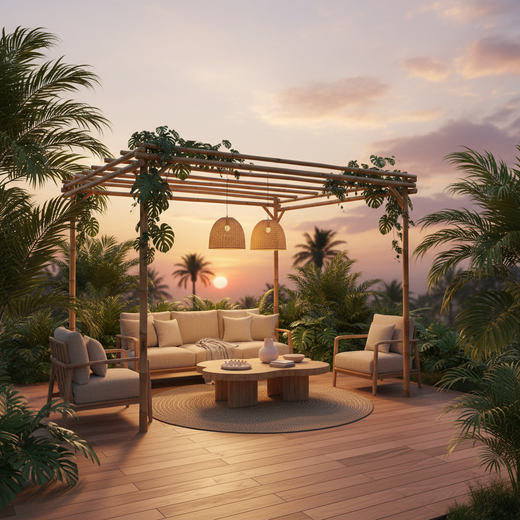 Bamboo Pergola Tropical Terrace Setting