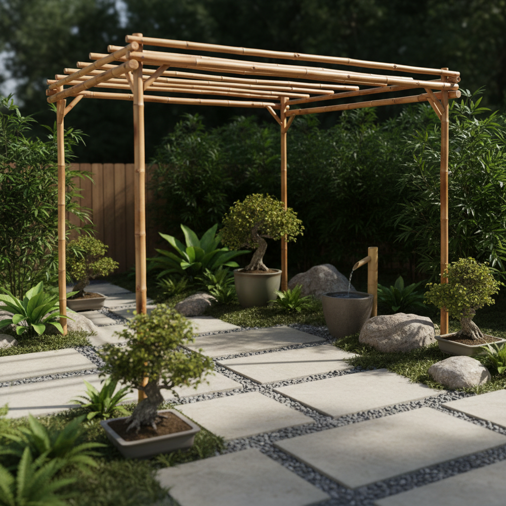Bamboo Pergola Zen Garden Setting