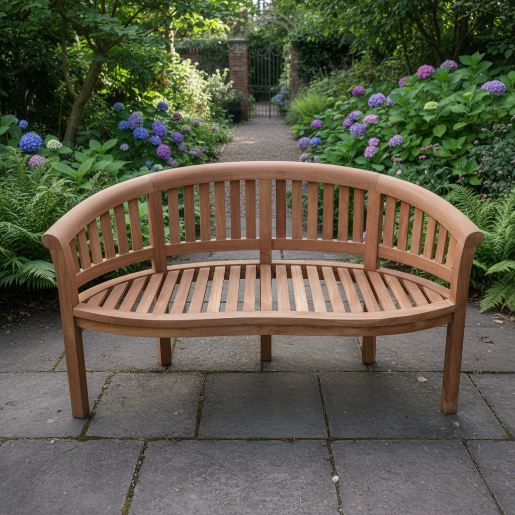 Teak Banana Bench – Tekora (160 cm) | Volledig handgemaakt & gemonteerd geleverd