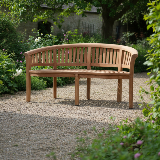 Teak Banana Bench – Tekora (160 cm) | Volledig handgemaakt & gemonteerd geleverd