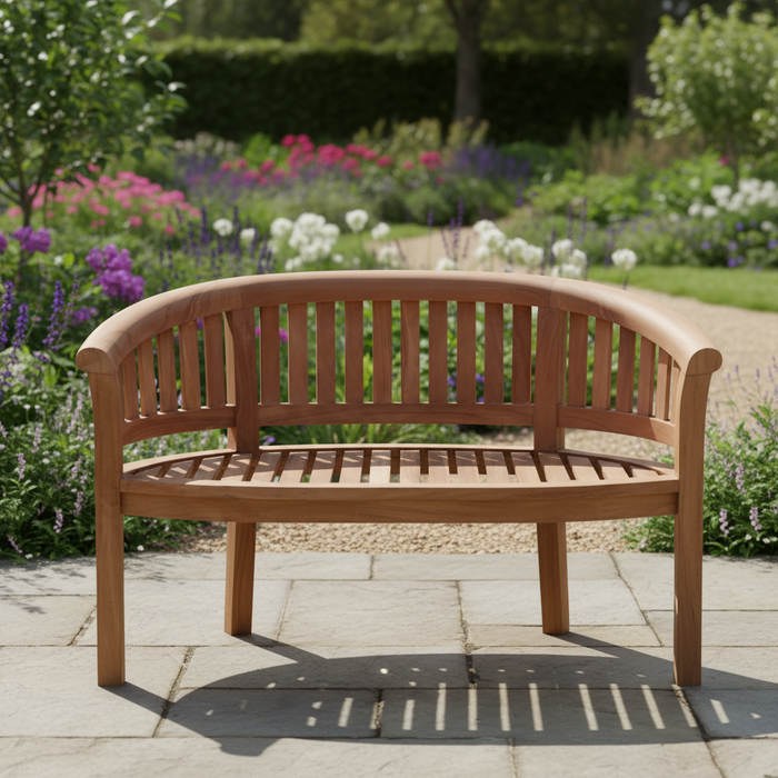 Teak Banana Bench – Tekora (160 cm) | Volledig handgemaakt & gemonteerd geleverd