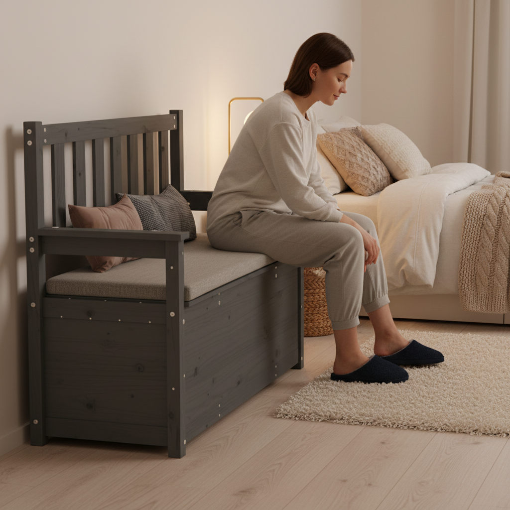 Bankje grijs in warme slaapkamer