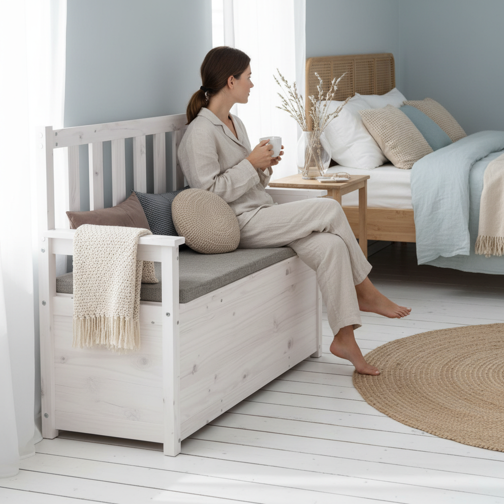 Bankje wit in coastal slaapkamer