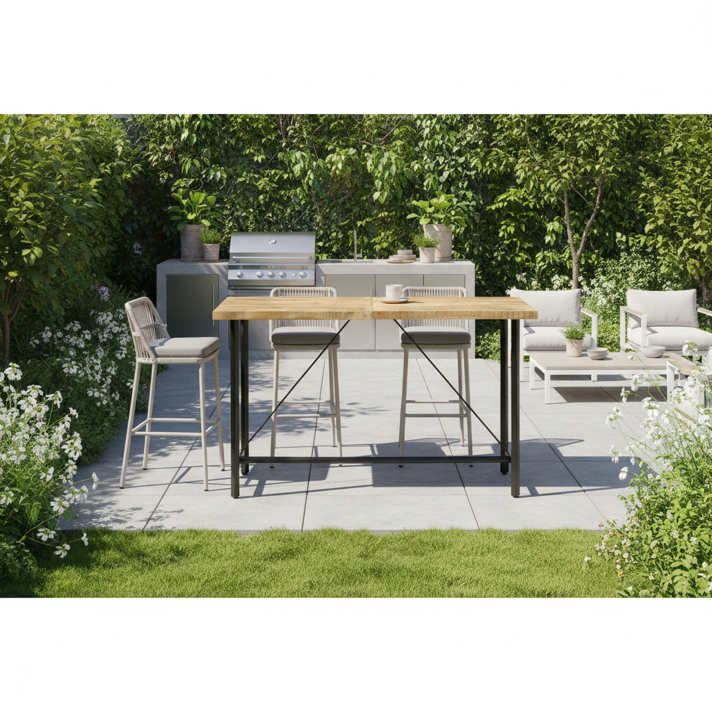 Bartafel in ruime tuin met buitenkeuken