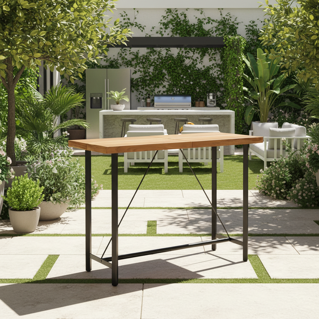 Bartafel in ruime tuin met buitenkeuken