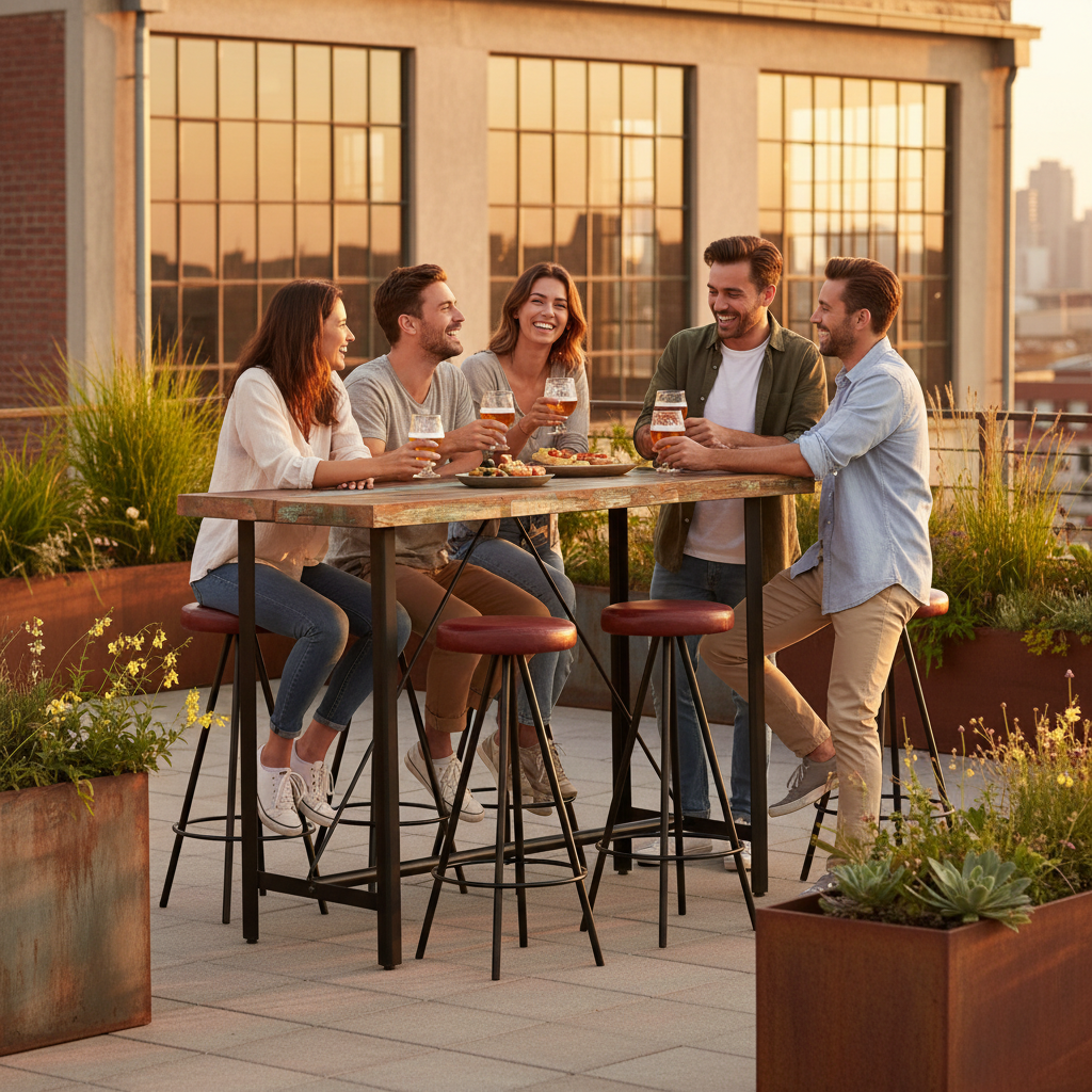 Bartafelset met 6 stoelen op industrieel dakterras