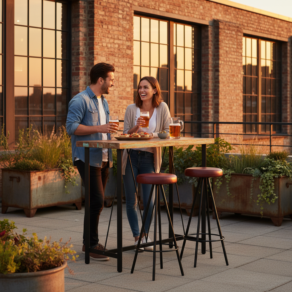 Bartafelset met gerecycled hout op industrieel dakterras