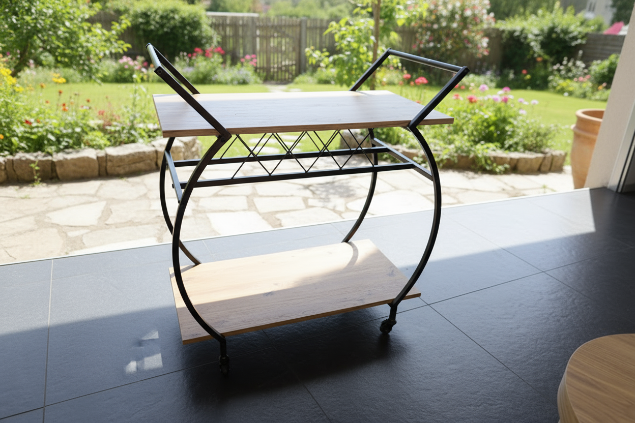 Barwagen mit Weinregal – 2 Ebenen, Holz &amp; Metall, auf Rollen – rustikale Eichenoptik – KING®