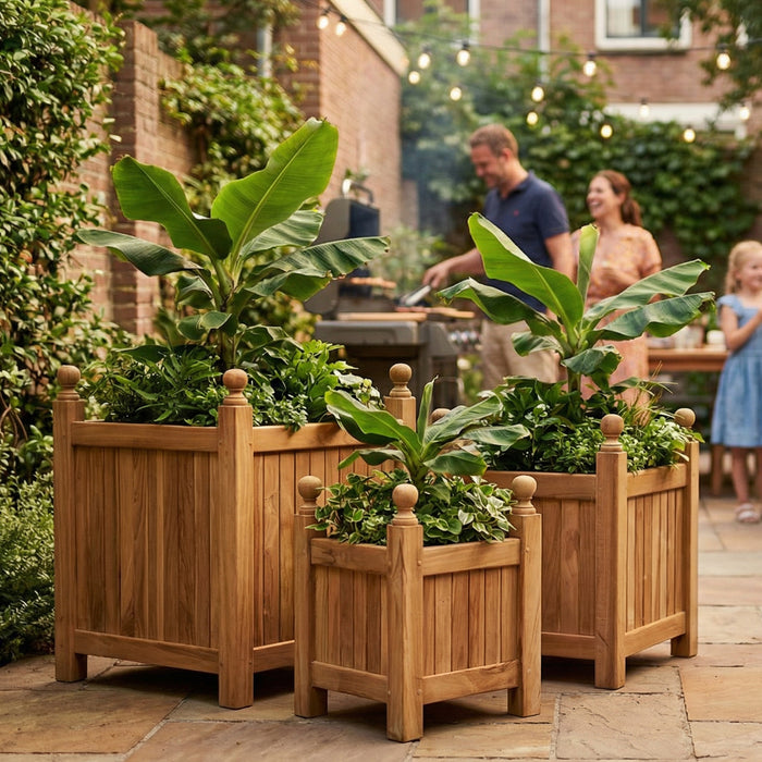 Tekora teak bloembakken set square – 3-delige plantenbakken in massief teak