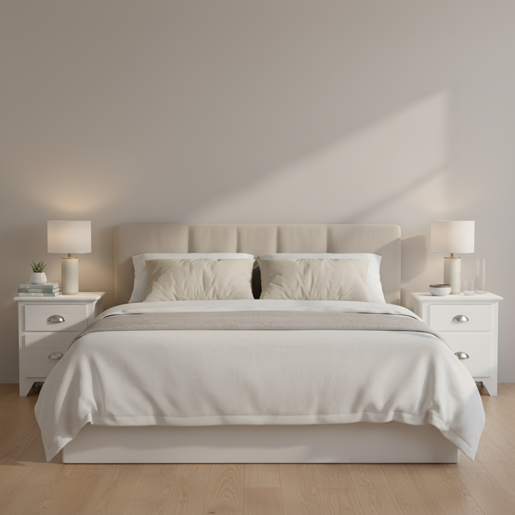 Bed tussen 2 witte nachtkastjes