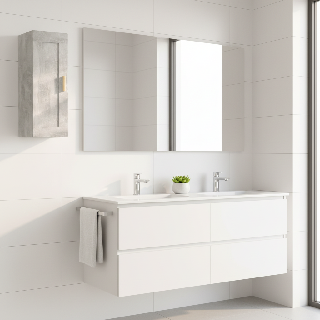 Betongrijs bovenkast met gouden handgreep in minimalistische badkamer