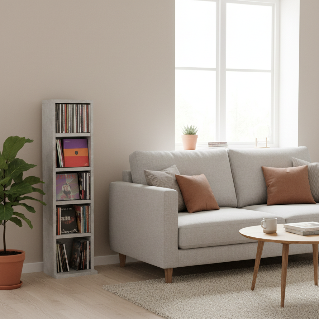Betongrijs CD-rek in Scandinavische woonkamer met gevarieerde CD collectie