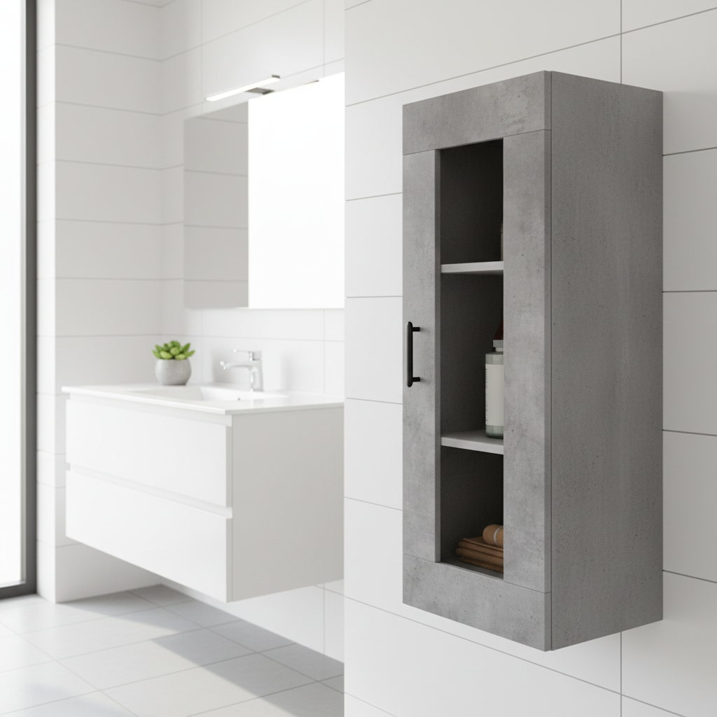 Betongrijs hangkast in minimalistische badkamer