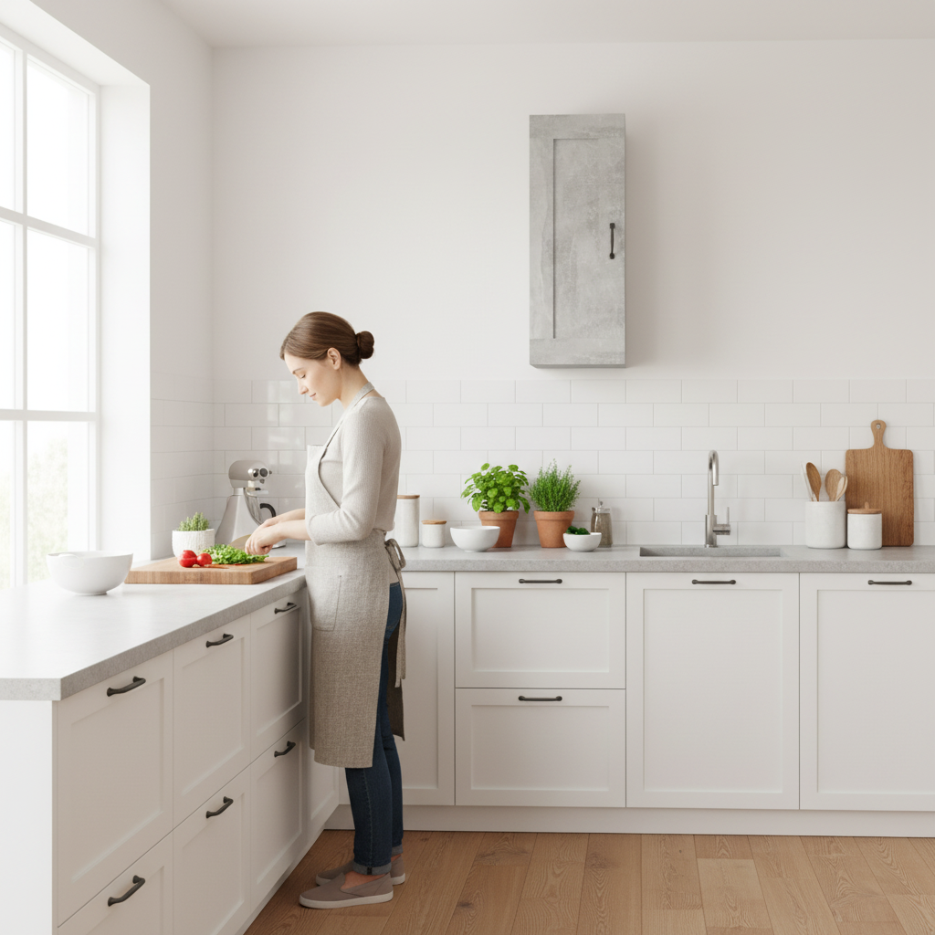 Betongrijs hangkast in Scandinavische keuken