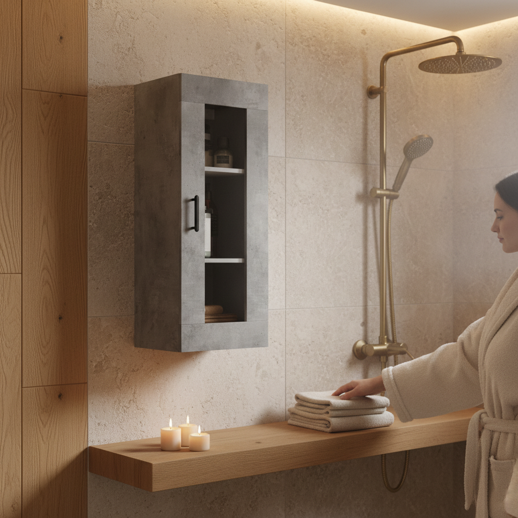 Betongrijs hangkast in wellness badkamer