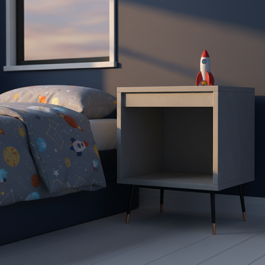 Betongrijs nachtkastje in jongenskamer