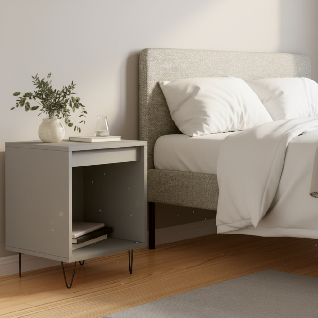 Betongrijs nachtkastje in moderne slaapkamer