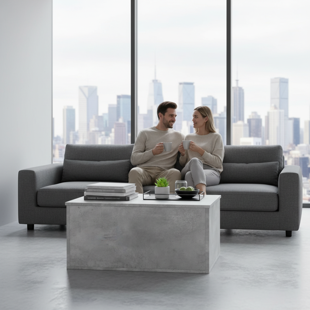 Betongrijs opbergkist gesloten als salontafel