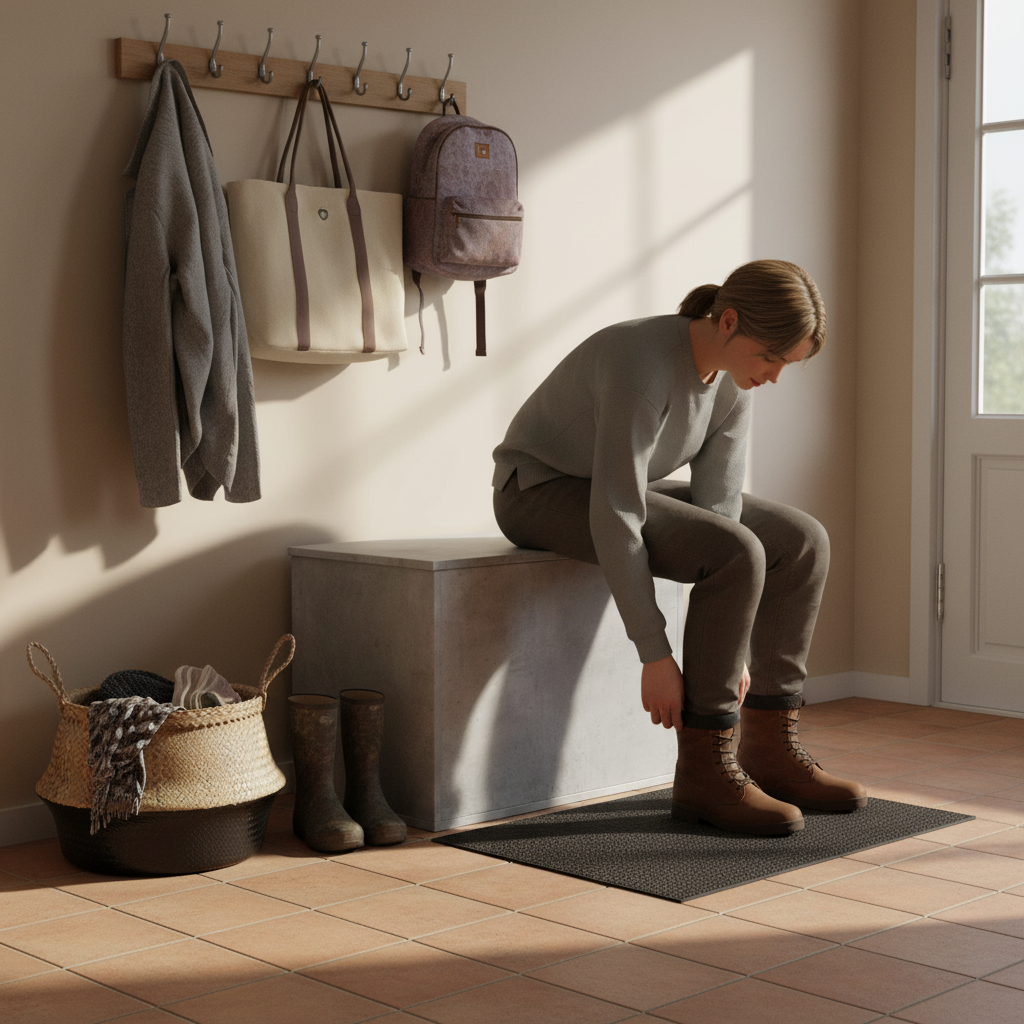 Betongrijs opbergkist gesloten als zitbank in entree