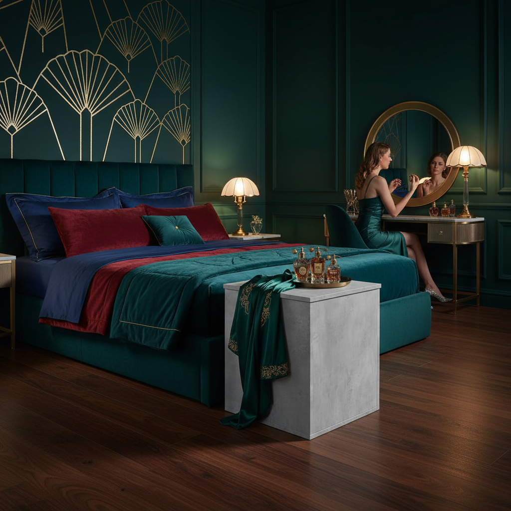 Betongrijs opbergkist gesloten in art deco slaapkamer