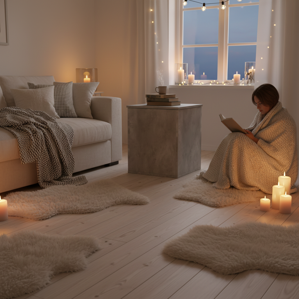 Betongrijs opbergkist gesloten in hygge woonkamer