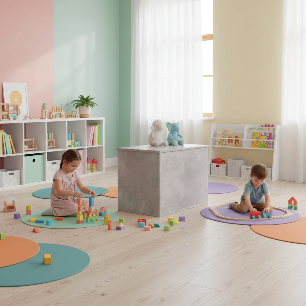 Betongrijs opbergkist gesloten in speelkamer