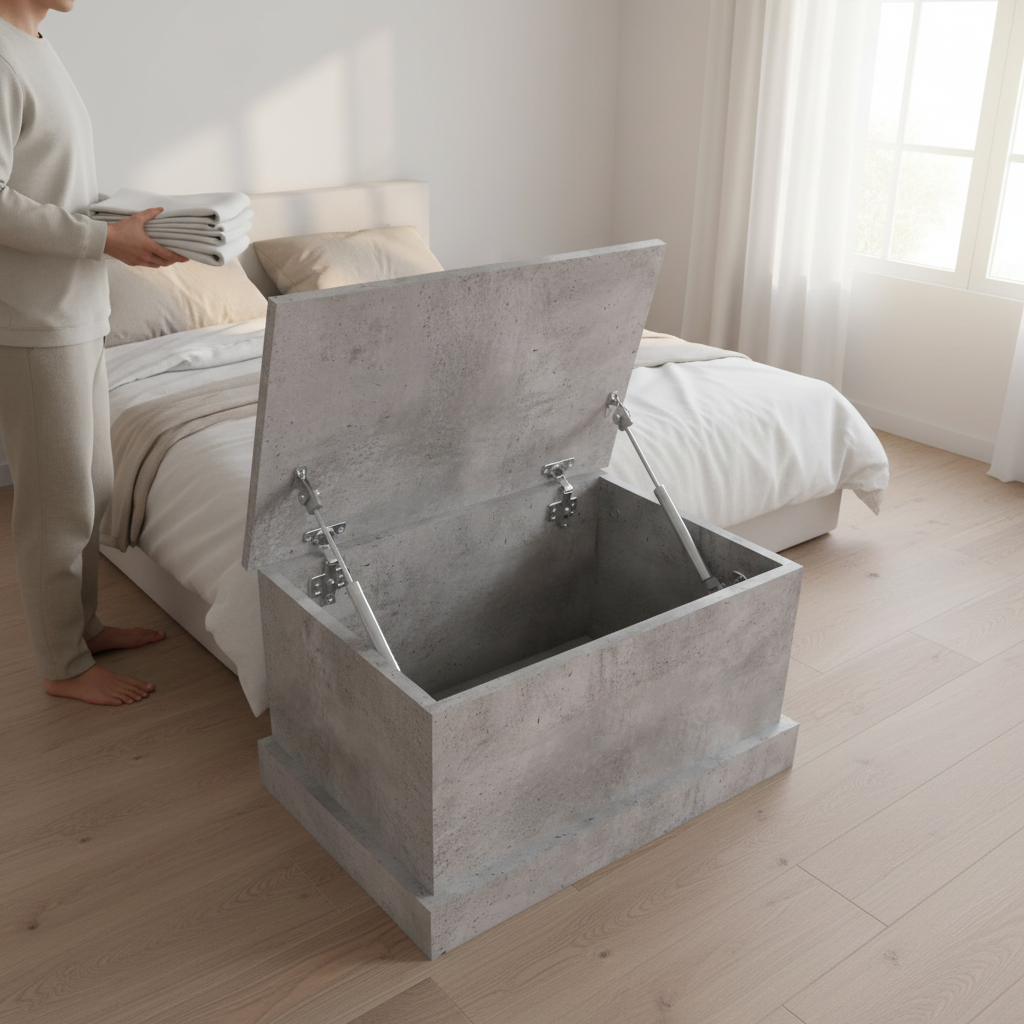 Betongrijs opbergkist met open deksel en gaslift mechanismen