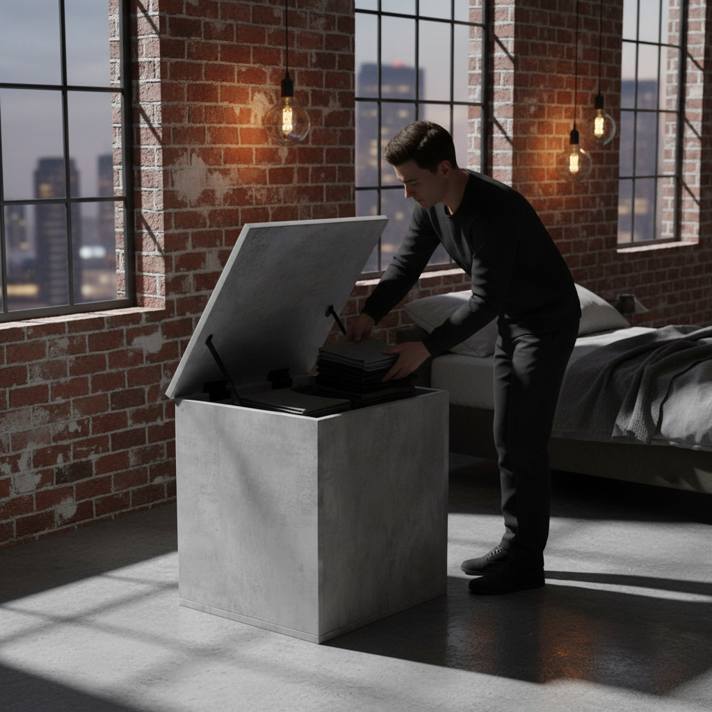 Betongrijs opbergkist met open deksel in industriële loft