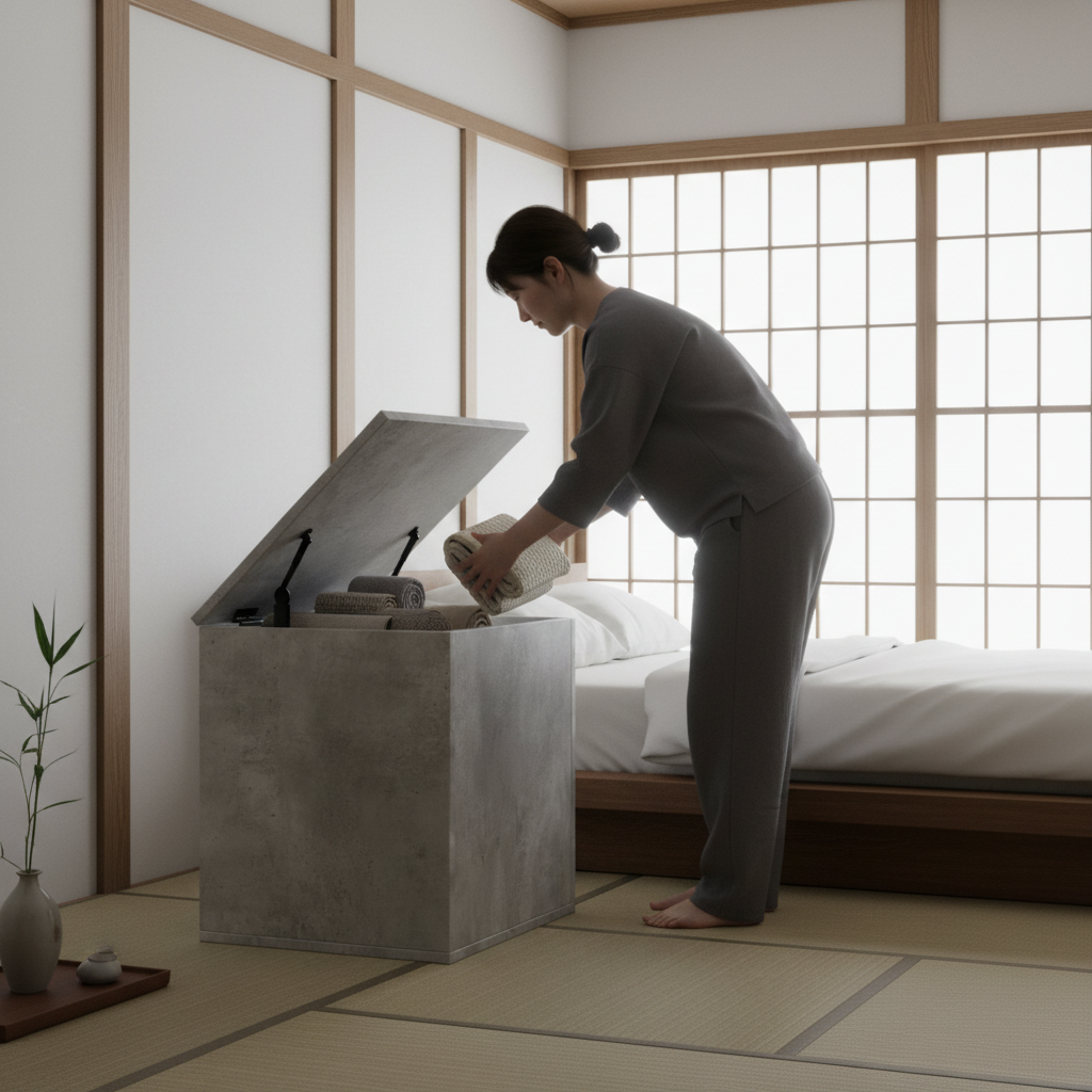 Betongrijs opbergkist met open deksel in Japanse slaapkamer