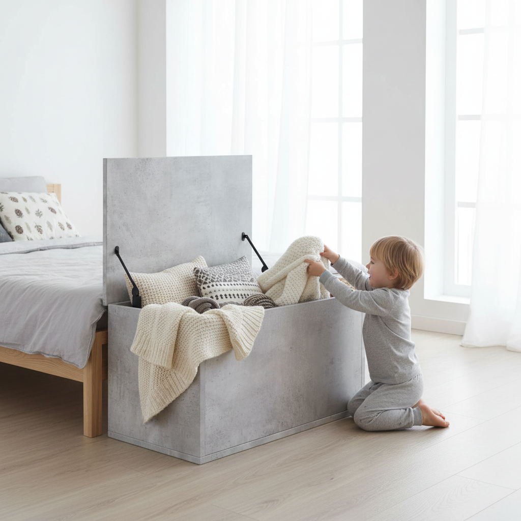 Betongrijs opbergkist met open deksel in Nordic slaapkamer