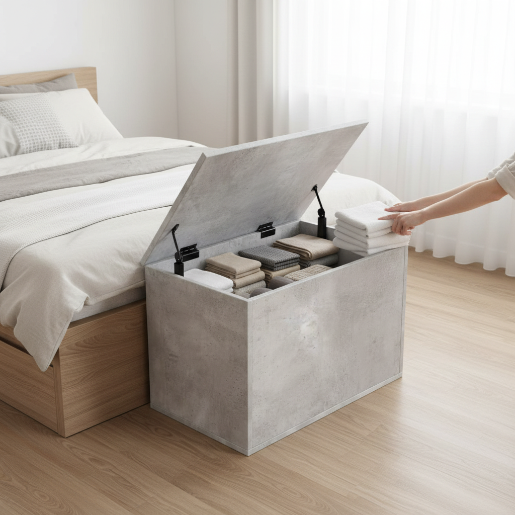 Betongrijs opbergkist met open deksel in slaapkamer