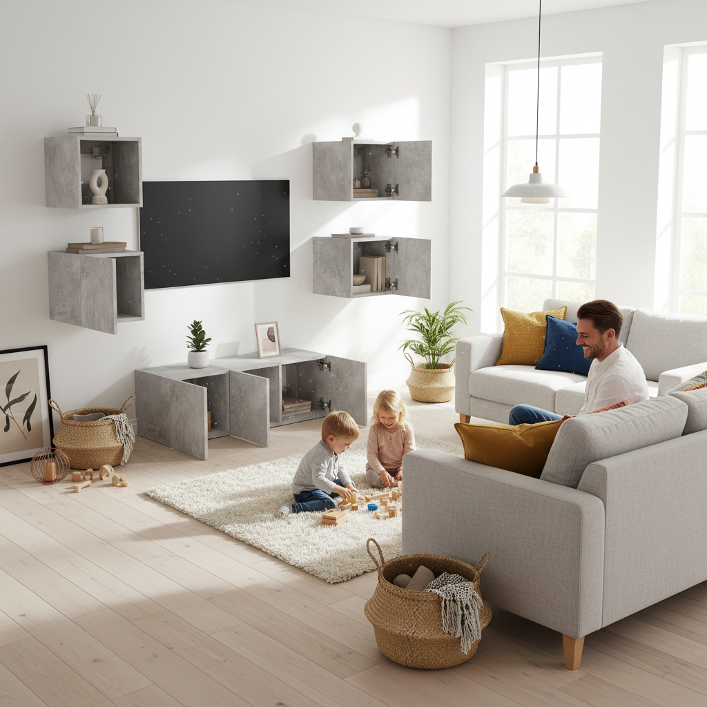 Betongrijs TV wandmeubel in Scandinavische woonkamer