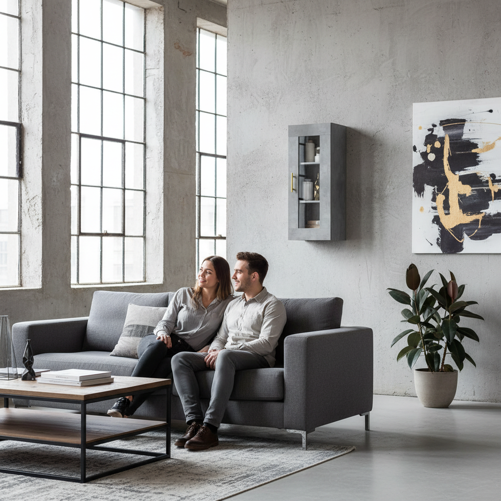 Betongrijs vitrinekast in industrieel interieur