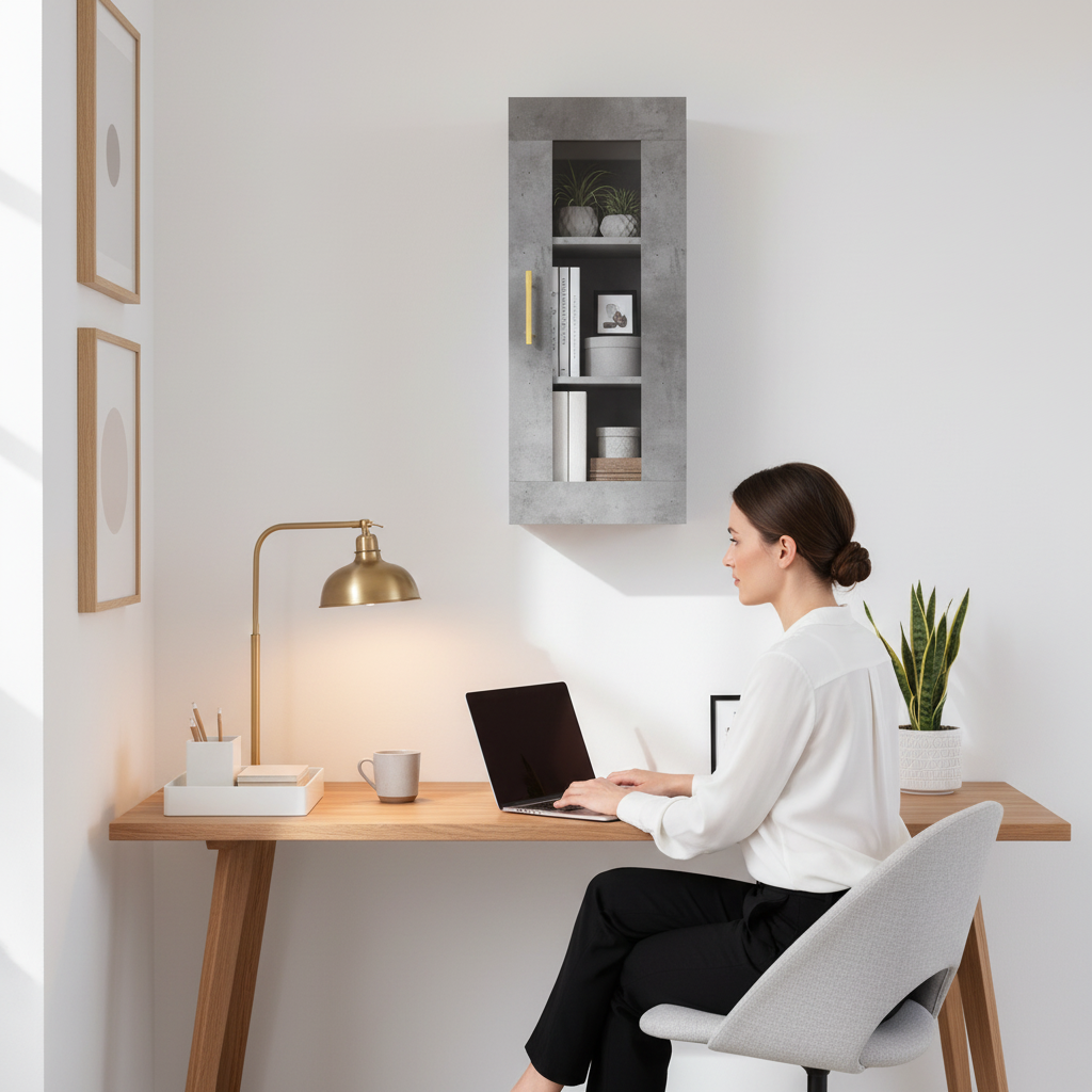 Betongrijs vitrinekast in Scandinavisch kantoor