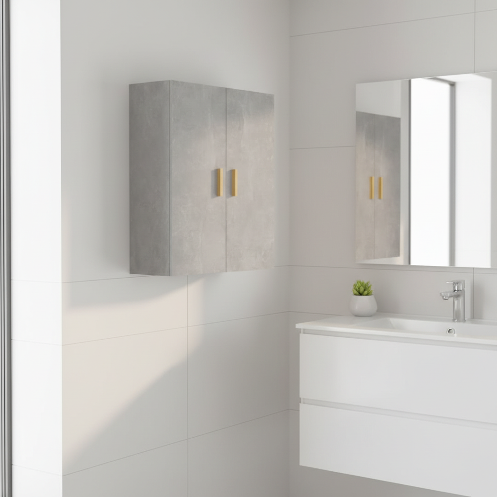 Betongrijs wandkast met gouden handgrepen in minimalistische badkamer