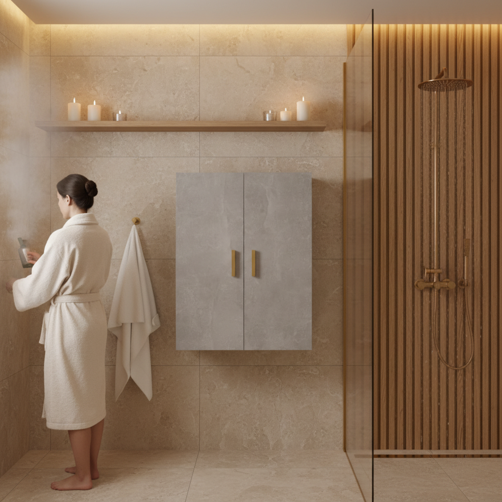 Betongrijs wandkast met gouden handgrepen in wellness badkamer