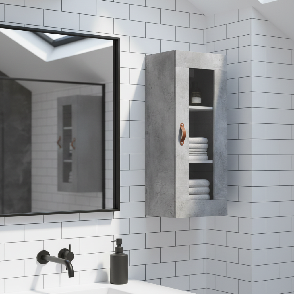 Betonlook hangkast met glazen deur in industriële badkamer