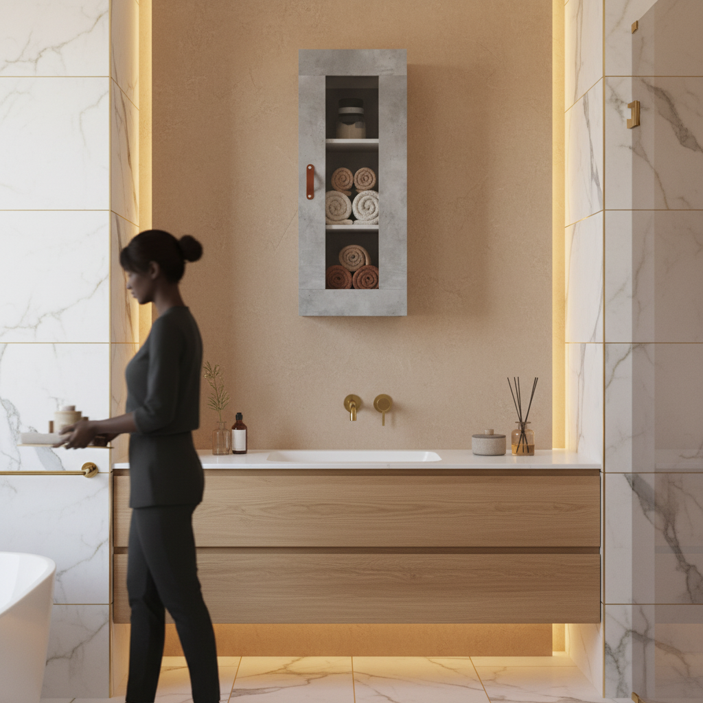 Betonlook hangkast met glazen deur in spa badkamer