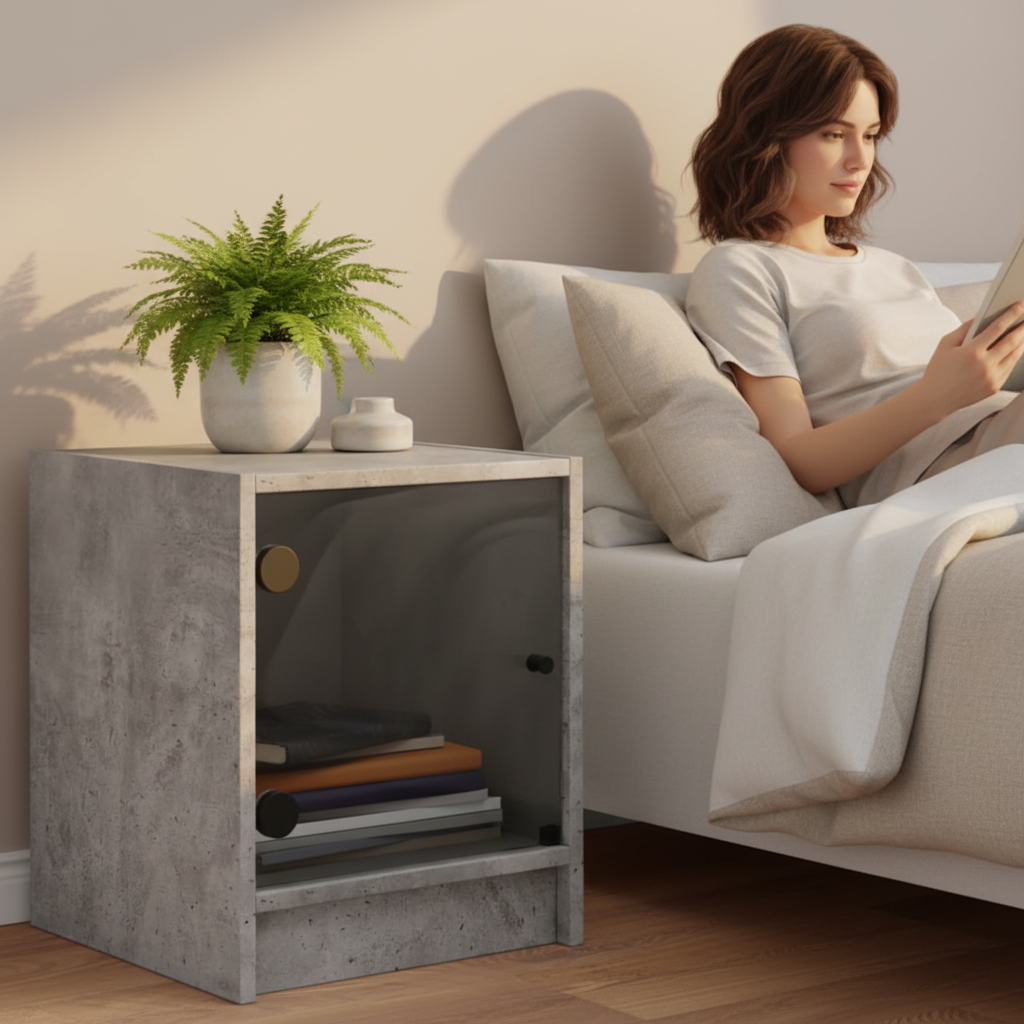 Betonlook nachtkastje met persoon