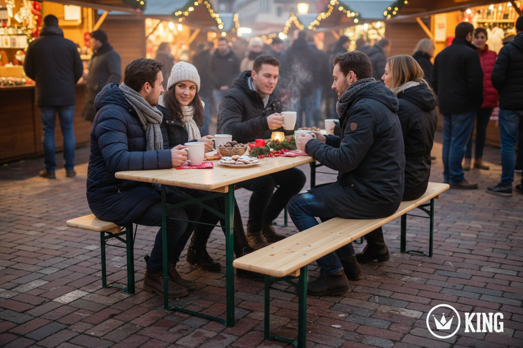 Bezoekers aan biertafelset kerstmarkt