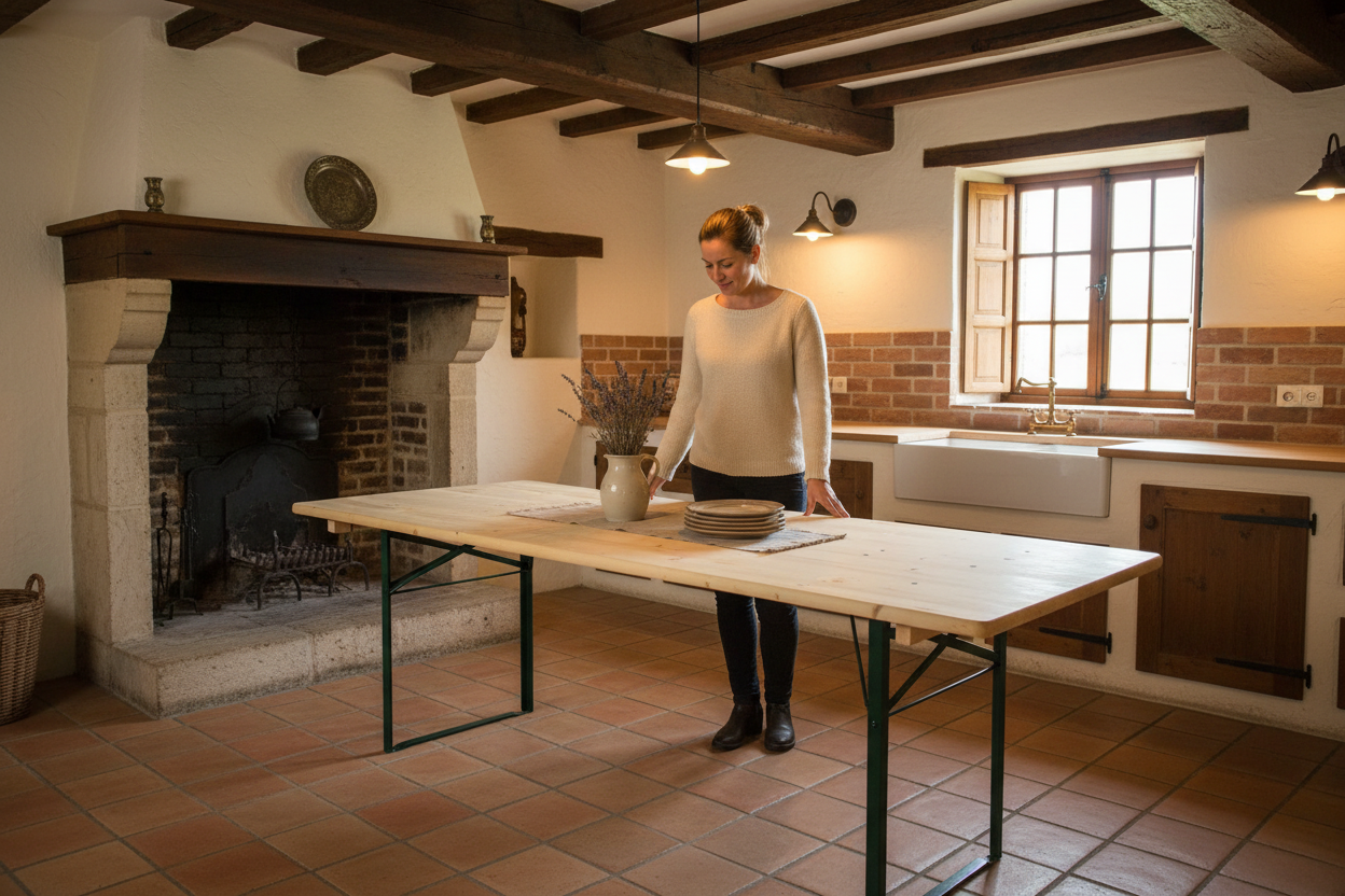 Biertafel in landelijke keuken met dame