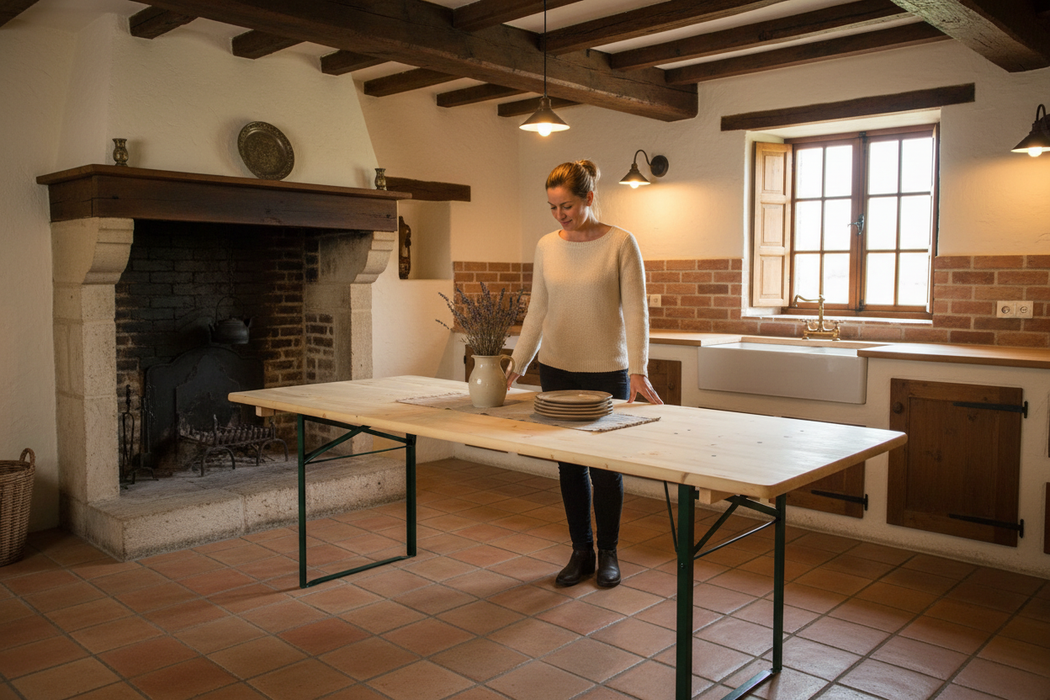 Biertafel in landelijke keuken met dame