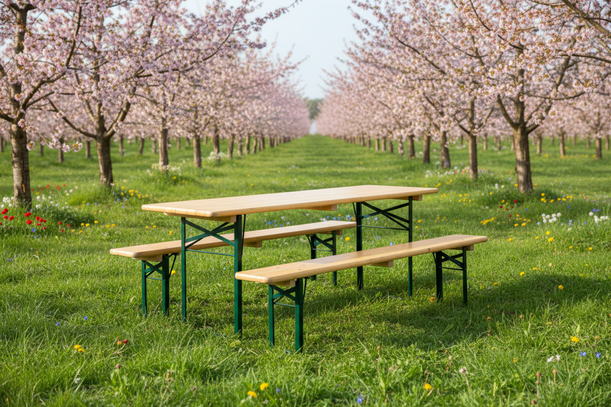 Biertafelset in lente boomgaard