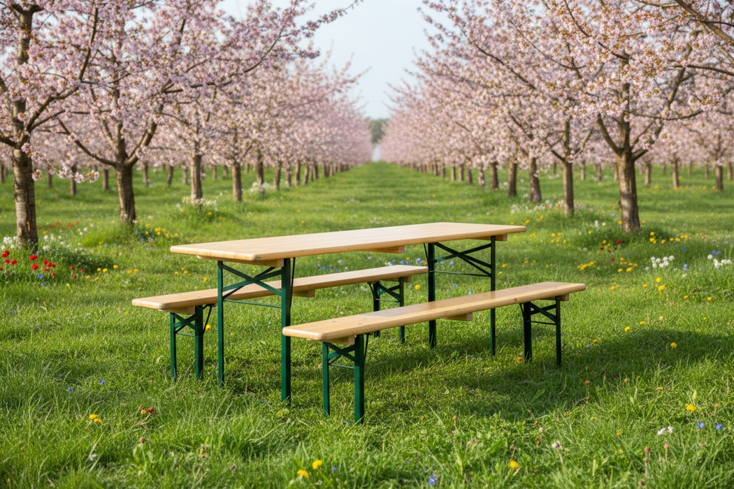 Biertafelset in lente boomgaard